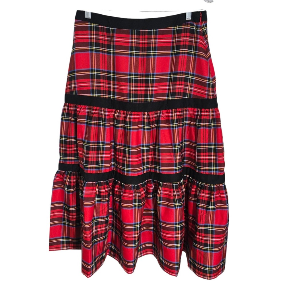 Gretchen Scott Red Plaid Tiered‎ Maxi Skirt Royal Stewart Tartan Pockets Small